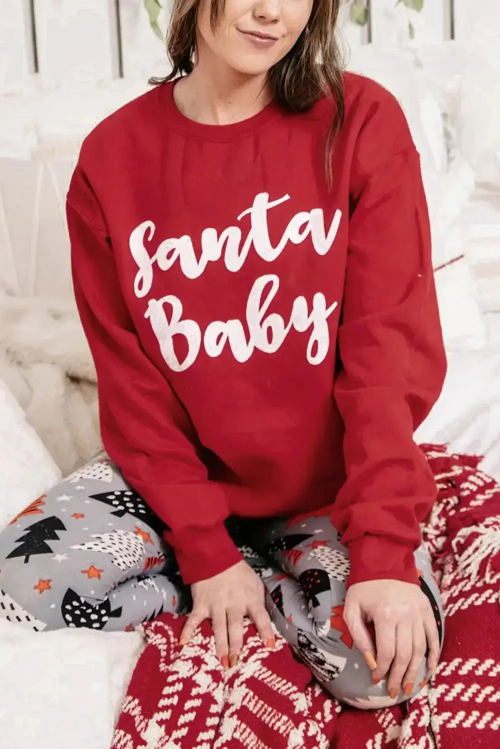 Pink christmas jolly letter print pullover sweatshirt - red - 2 / s 70% polyester + 30% cotton graphic