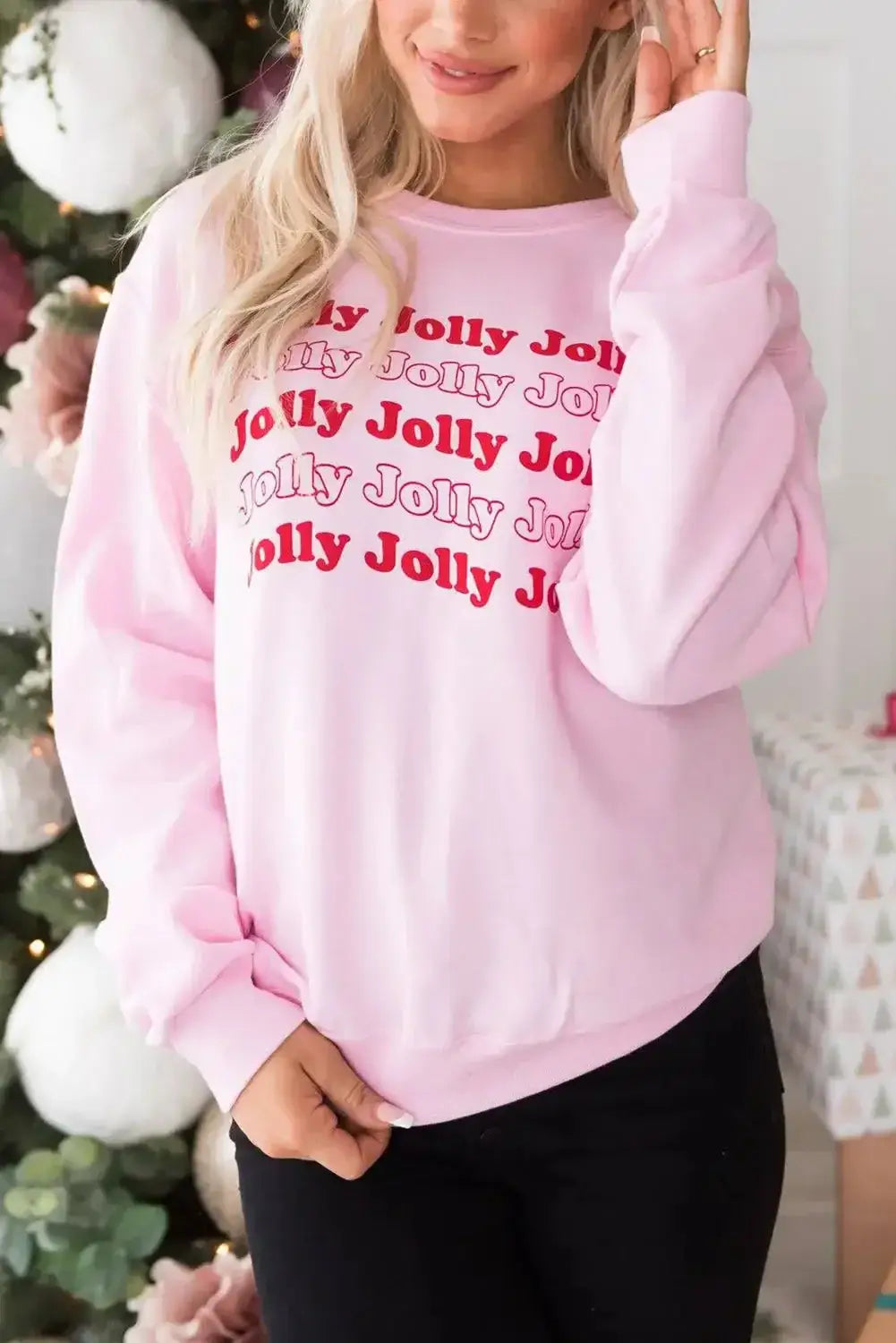 Pink christmas jolly letter print pullover sweatshirt - s 70% polyester + 30% cotton graphic