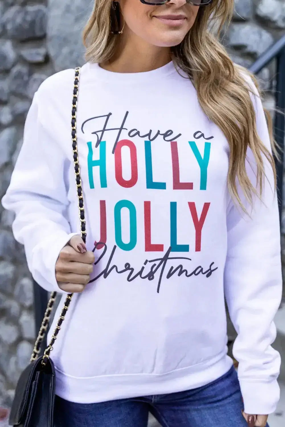 Pink christmas jolly letter print pullover sweatshirt - white / s 70% polyester + 30% cotton graphic