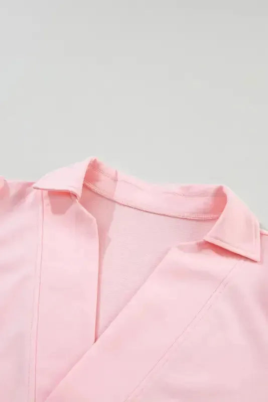 Pink Collared V Neck Puff Sleeve T-shirt - Fashionfitz