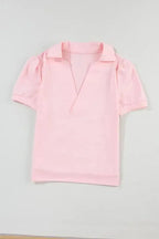 Pink Collared V Neck Puff Sleeve T-shirt - Fashionfitz