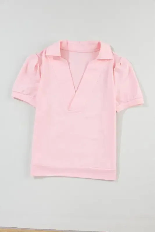 Pink Collared V Neck Puff Sleeve T-shirt - Fashionfitz
