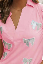 Pink Collared V Neck Puff Sleeve T-shirt - Fashionfitz