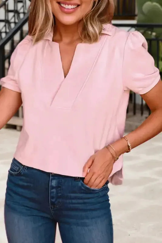 Pink Collared V Neck Puff Sleeve T-shirt - Fashionfitz