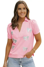 Pink Collared V Neck Puff Sleeve T-shirt - Fashionfitz