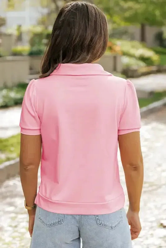 Pink Collared V Neck Puff Sleeve T-shirt - Fashionfitz