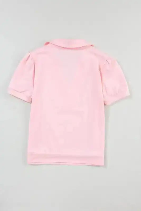 Back view of the FashionFitz pink puff sleeve V-neck top for women, highlighting its clean design and comfortable summer fit.