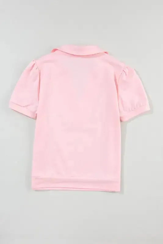 Pink Collared V Neck Puff Sleeve T-shirt - Fashionfitz