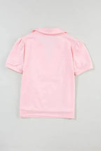 Pink Collared V Neck Puff Sleeve T-shirt - Fashionfitz