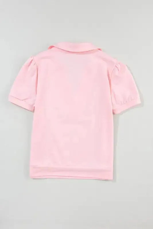 Pink Collared V Neck Puff Sleeve T-shirt - Fashionfitz
