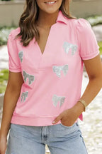 Pink Collared V Neck Puff Sleeve T-shirt - Fashionfitz