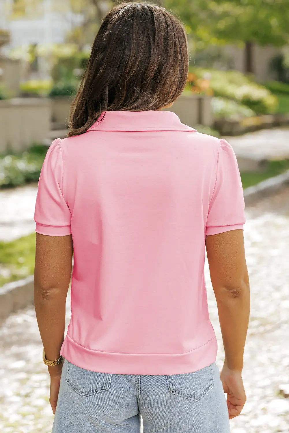Pink collared v neck puff sleeve t-shirt - tops