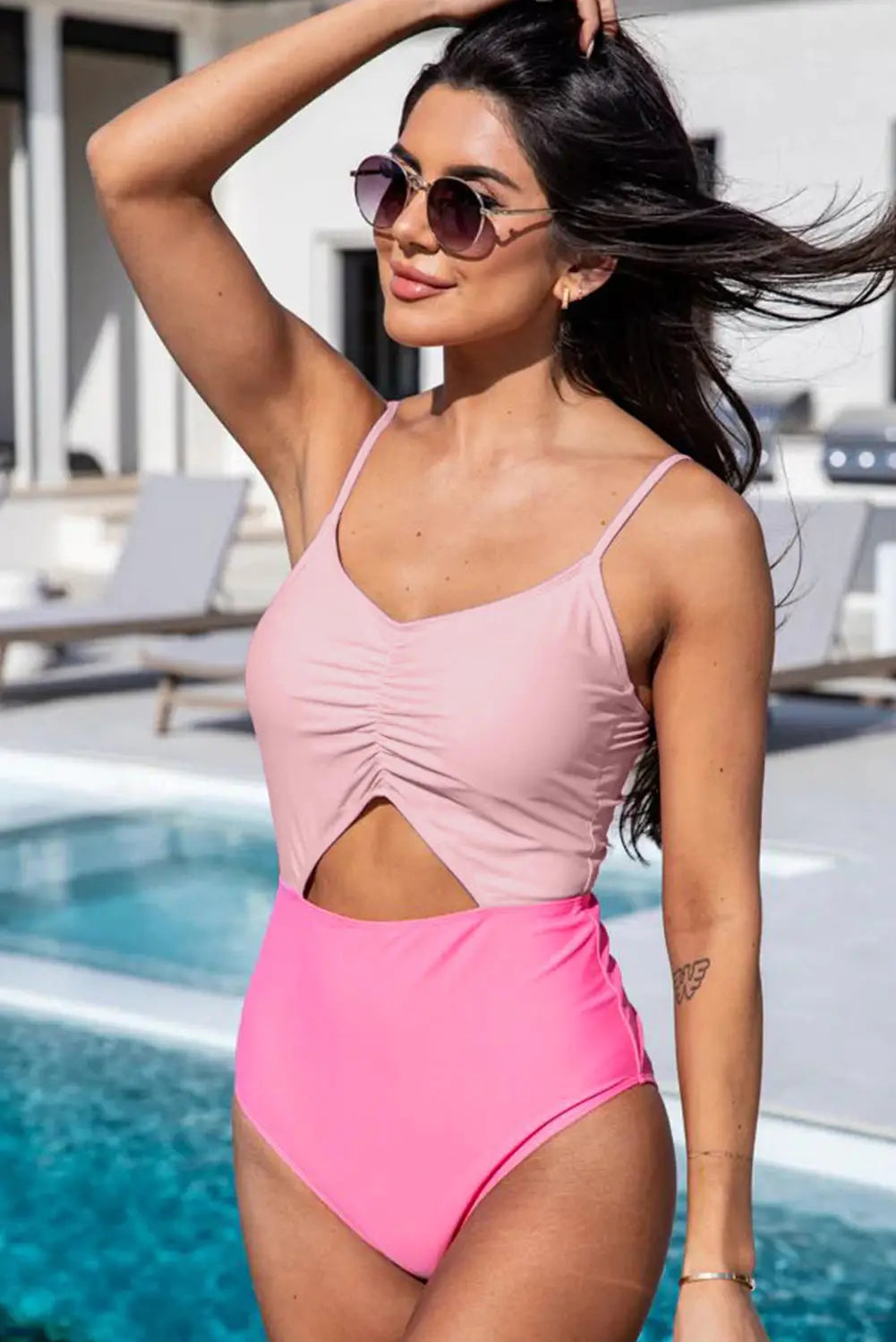 Pink color block cut out knotted backless one piece swimsuit - swimsuits