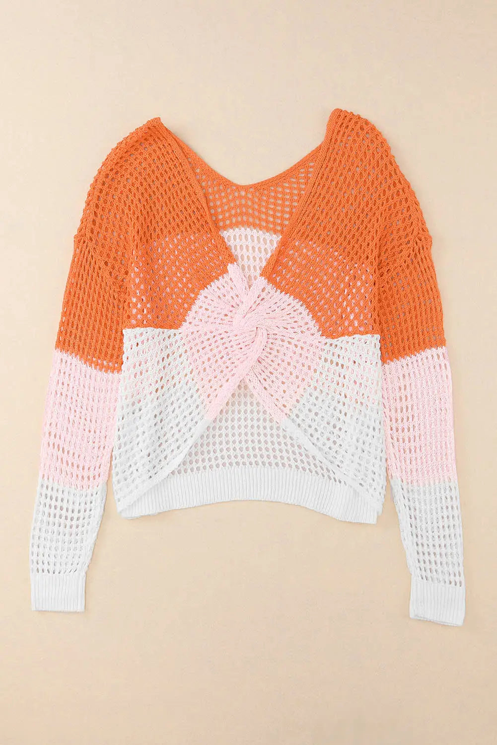 Pink color block eyelet long sleeve twisted back knit top - sweater & cardigans