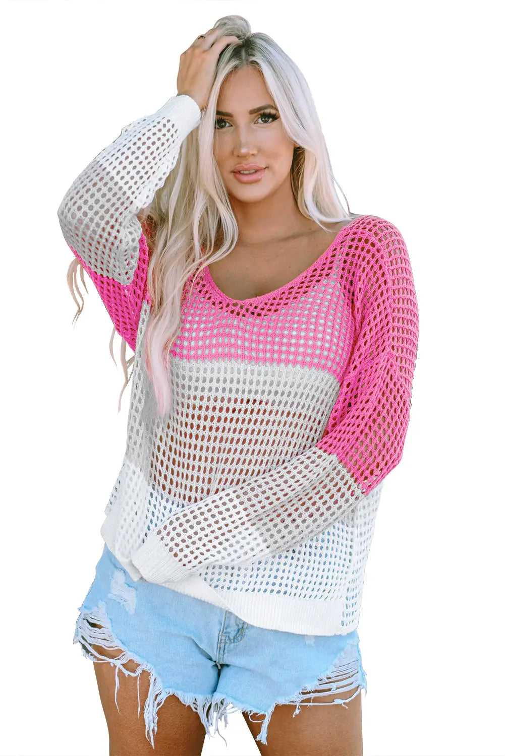 Pink color block eyelet long sleeve twisted back knit top - sweater & cardigans