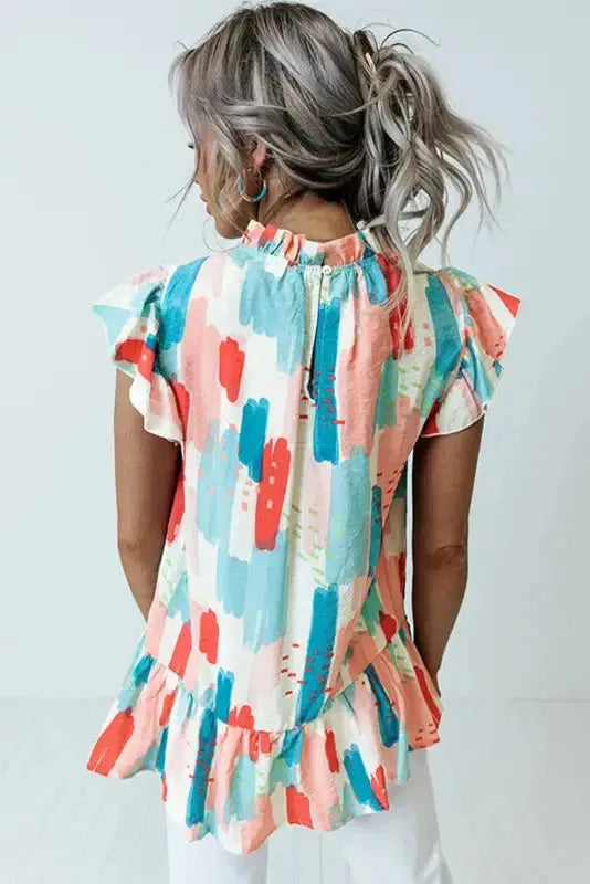 Pink Color Block Ruffled Mock Neck Ruffled Top - Fashionfitz