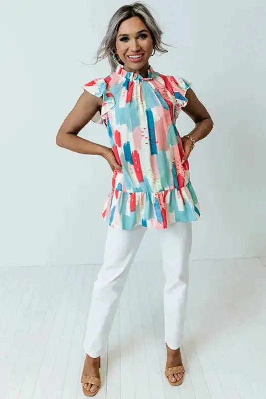Pink Color Block Ruffled Mock Neck Ruffled Top - Fashionfitz