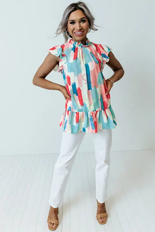 Pink color block ruffled mock neck top - t-shirts