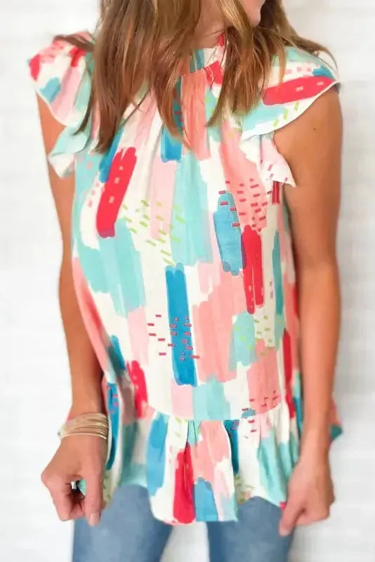 Pink Color Block Ruffled Mock Neck Ruffled Top - Fashionfitz