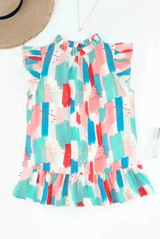 Pink Color Block Ruffled Mock Neck Ruffled Top - Fashionfitz