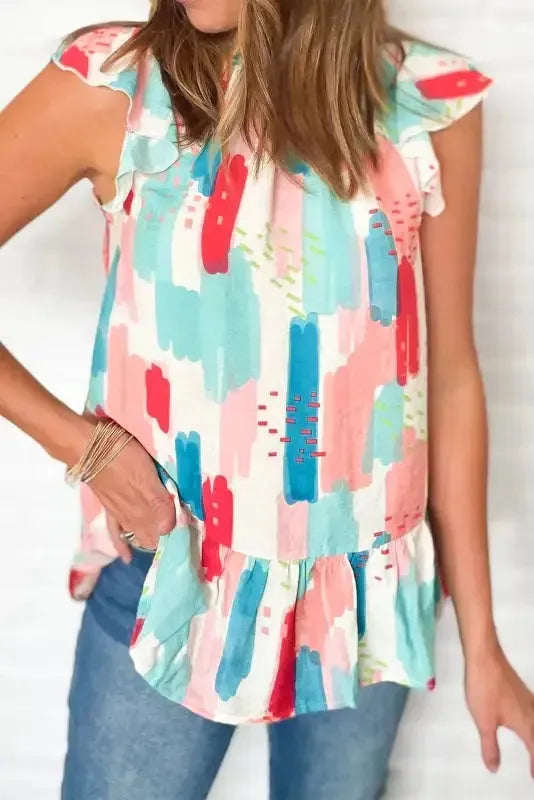 Pink Color Block Ruffled Mock Neck Ruffled Top - Fashionfitz
