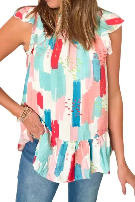 Pink Color Block Ruffled Mock Neck Ruffled Top - Fashionfitz