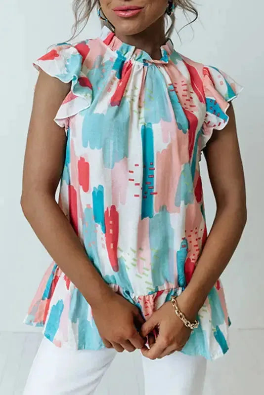 Pink Color Block Ruffled Mock Neck Ruffled Top - Fashionfitz