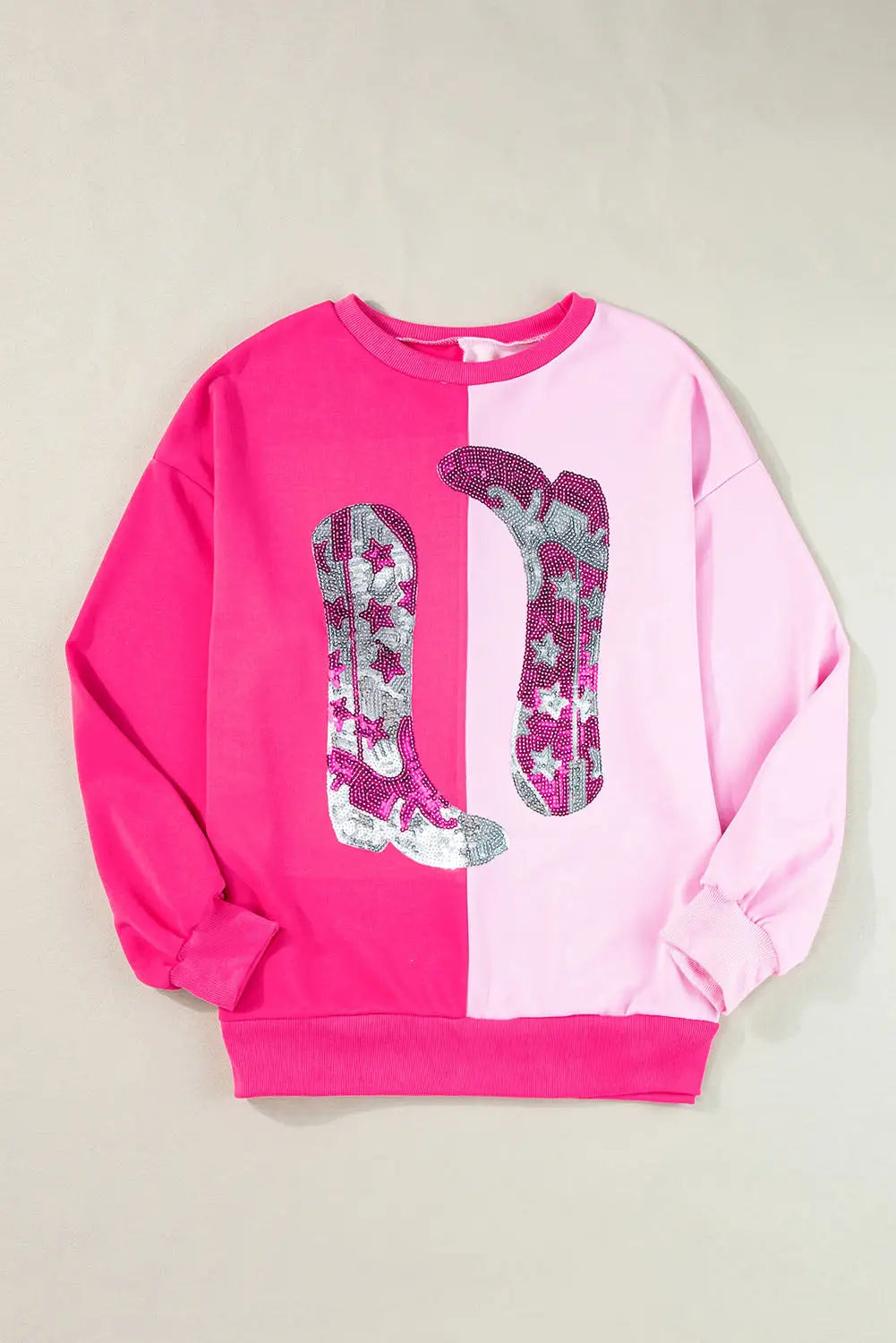 Pink color block sequined cowgirl boots graphic sweatshirt - s / 65% polyester + 35% cotton - tops