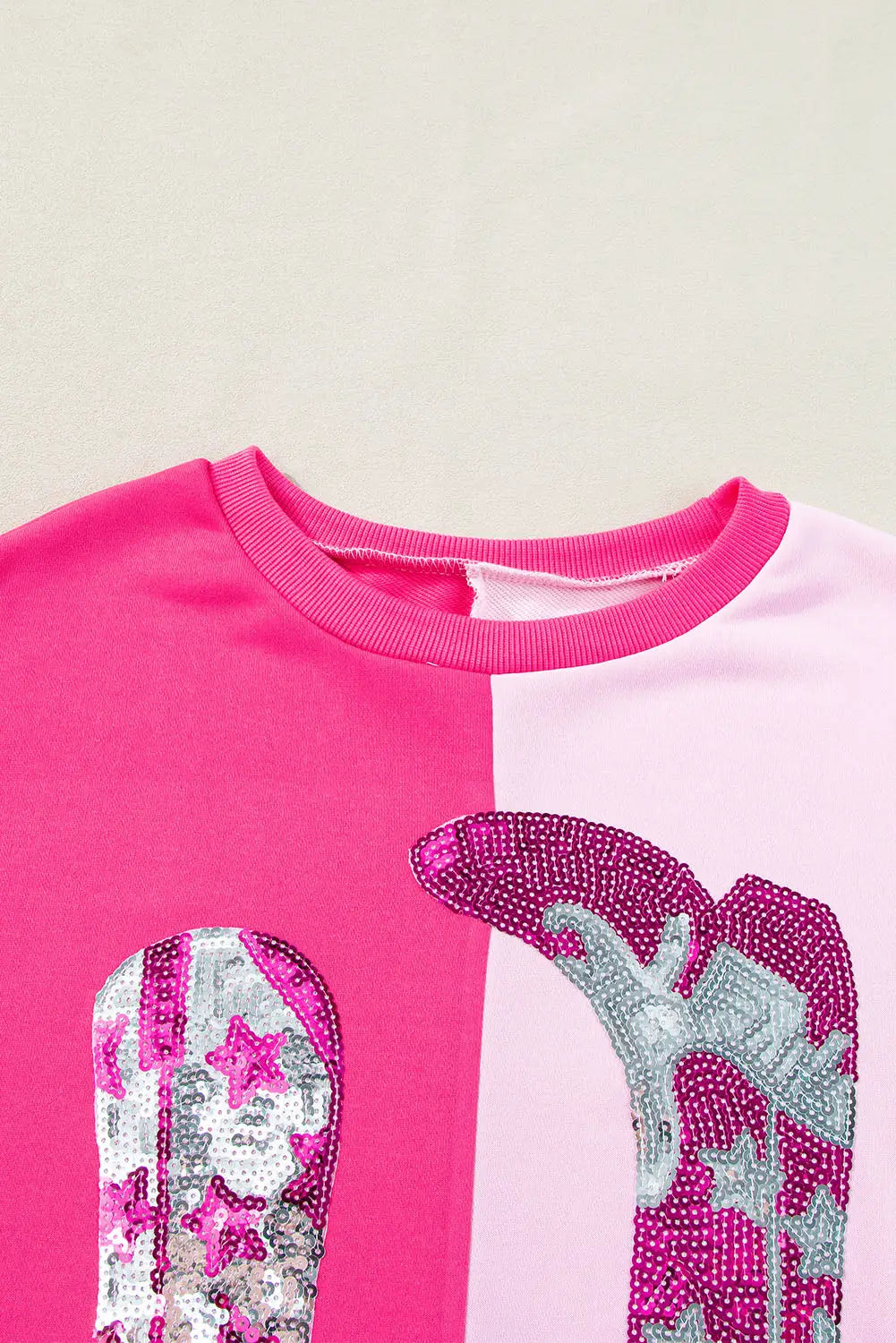 Pink color block sequined cowgirl boots graphic sweatshirt - tops