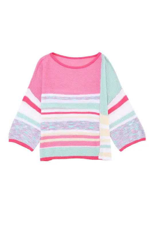 Pink color block striped three-quarter sleeve knitted top - sweaters & cardigans