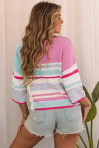 Pink Color Block Striped Three-Quarter Sleeve Knitted Top - Fashionfitz
