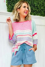 Pink Color Block Striped Three-Quarter Sleeve Knitted Top - Fashionfitz