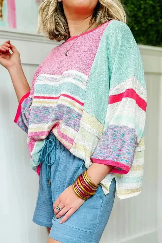 Pink Color Block Striped Three-Quarter Sleeve Knitted Top - Fashionfitz