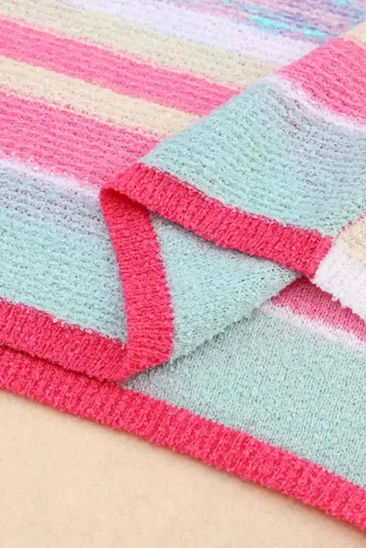 Pink Color Block Striped Three-Quarter Sleeve Knitted Top - Fashionfitz