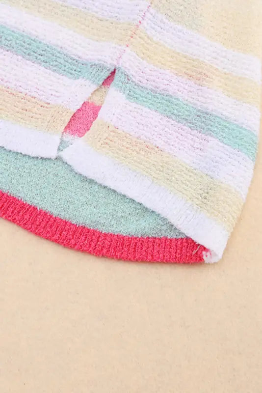 Pink color block striped three-quarter sleeve knitted top - sweaters & cardigans