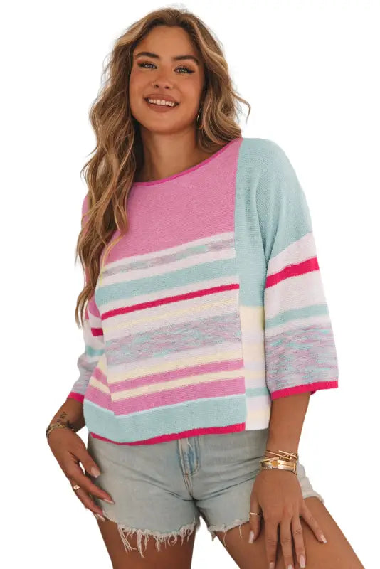 Pink color block striped three-quarter sleeve knitted top - sweaters & cardigans