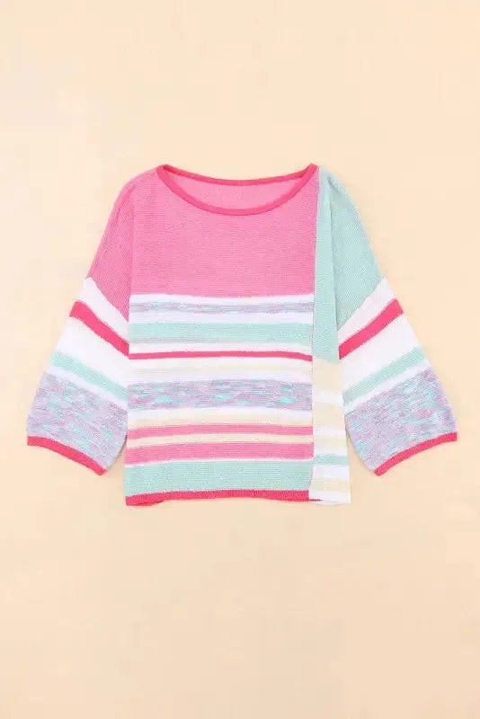 Pink Color Block Striped Three-Quarter Sleeve Knitted Top - Fashionfitz