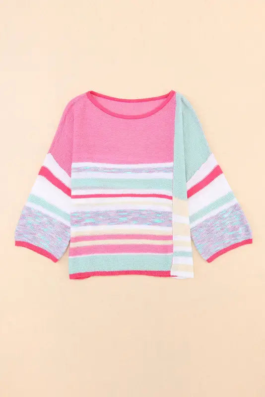 Pink color block striped three-quarter sleeve knitted top - sweaters & cardigans