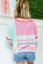 Pink Color Block Striped Three-Quarter Sleeve Knitted Top - Fashionfitz