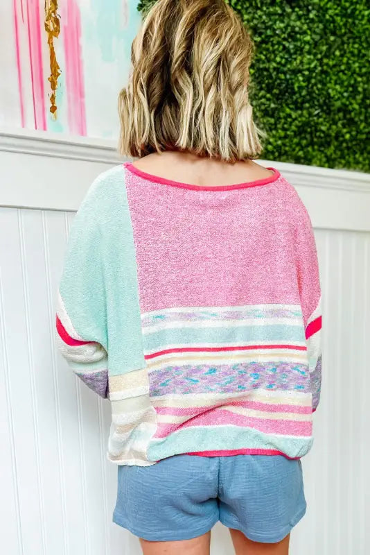 Pink color block striped three-quarter sleeve knitted top - sweaters & cardigans