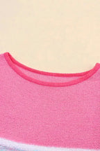 Pink Color Block Striped Three-Quarter Sleeve Knitted Top - Fashionfitz