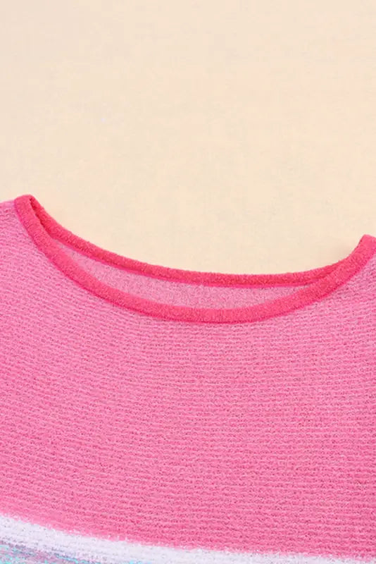 Pink color block striped three-quarter sleeve knitted top - sweaters & cardigans