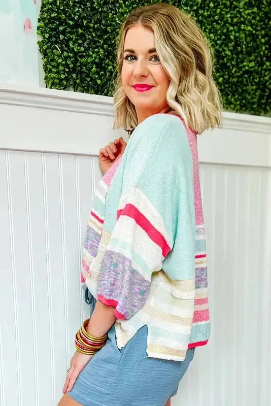 Pink Color Block Striped Three-Quarter Sleeve Knitted Top - Fashionfitz