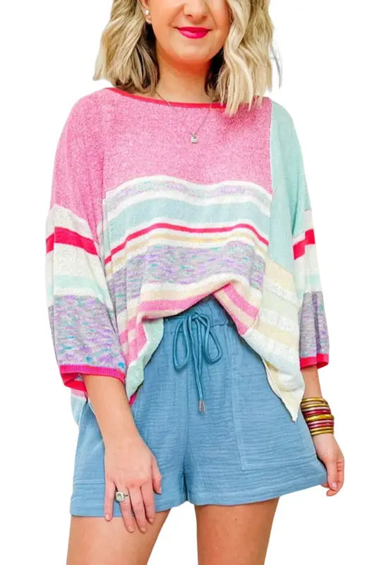 Pink color block striped three-quarter sleeve knitted top - sweaters & cardigans