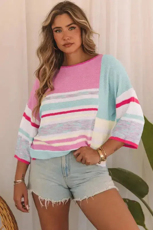 Pink Color Block Striped Three-Quarter Sleeve Knitted Top - Fashionfitz