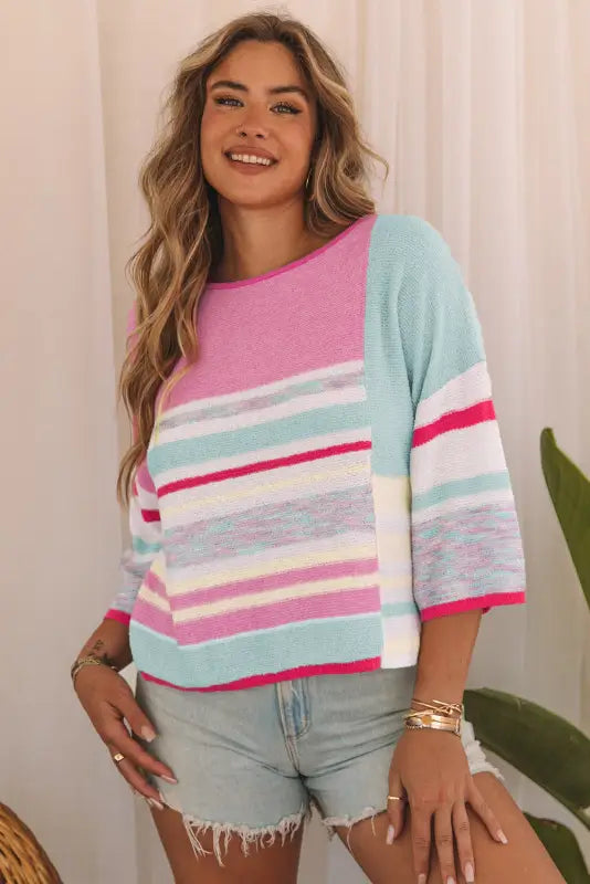 Pink color block striped three-quarter sleeve knitted top - sweaters & cardigans