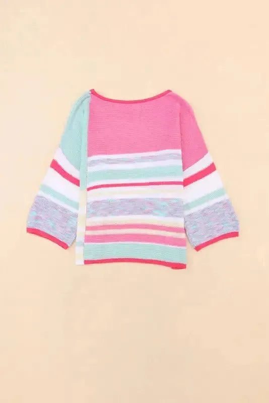Pink Color Block Striped Three-Quarter Sleeve Knitted Top - Fashionfitz
