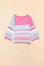 Pink Color Block Striped Three-Quarter Sleeve Knitted Top - Fashionfitz