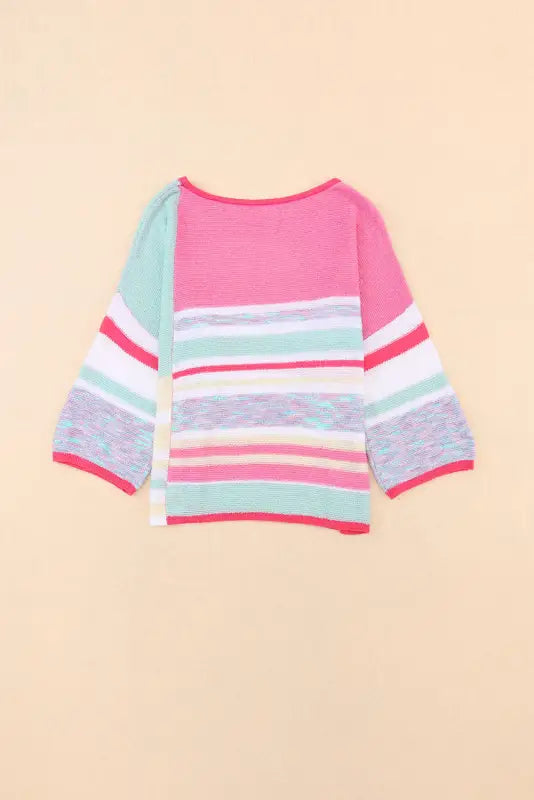 Pink color block striped three-quarter sleeve knitted top - sweaters & cardigans