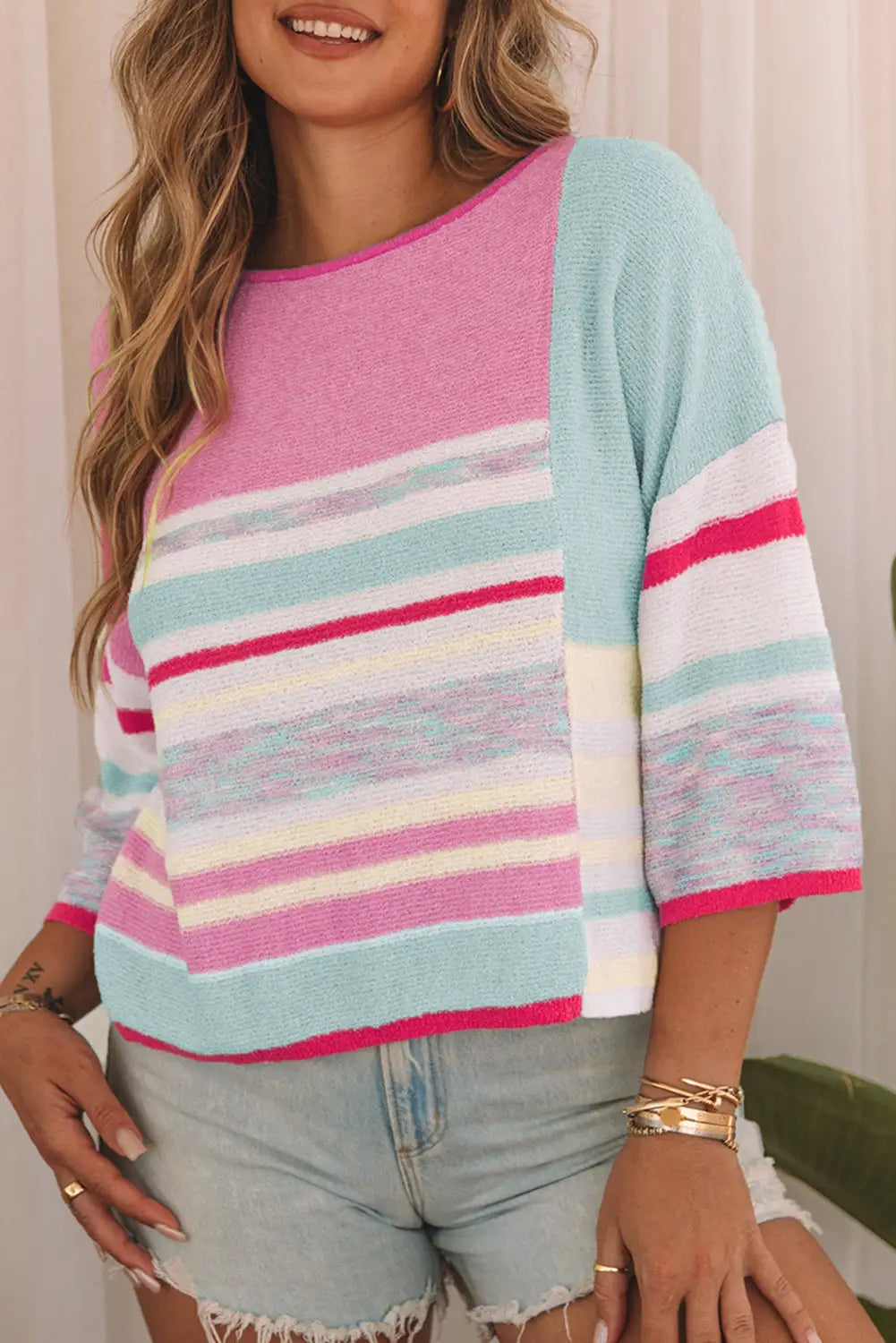 Pink color block striped three-quarter sleeve knitted top - sweaters & cardigans